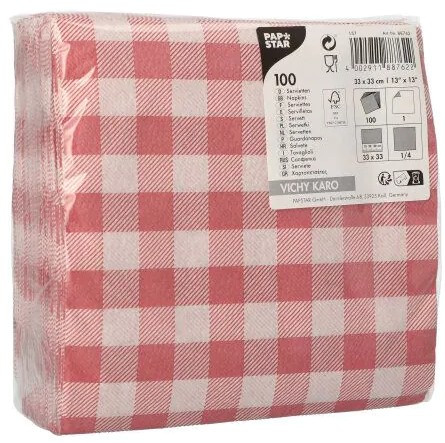 Partytischdecke.de | Servietten, 1-lagig, 33 x 33 cm, 1/4-Falz rot/weiss "Vichy Karo"