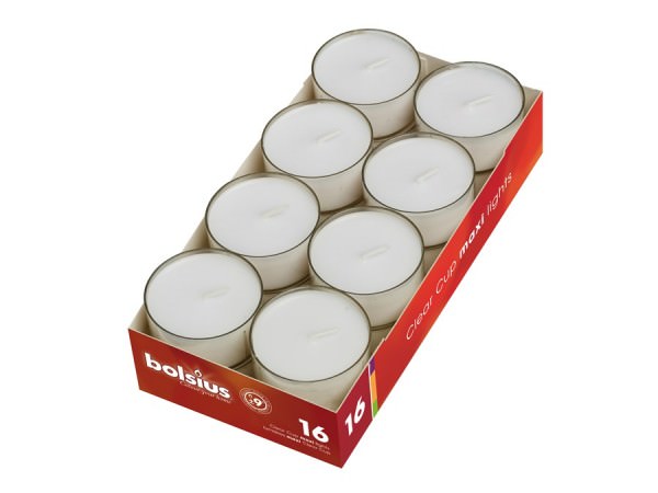 Partytischdecke.de | BOlsius Maxi Teelichter - weiss 9 h Clear-Cup 16er Schachtel